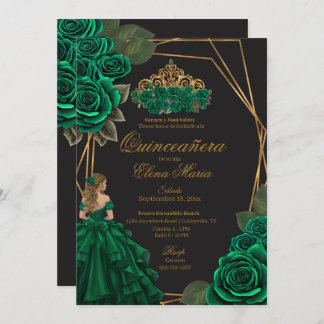 Black Green Rose Goldene Prinzessin Quinceañera Einladung