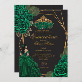 Black Green Rose Goldene Prinzessin Quinceañera Einladung