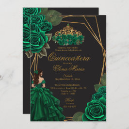 Black Green Rose Goldene Prinzessin Quinceañera Einladung