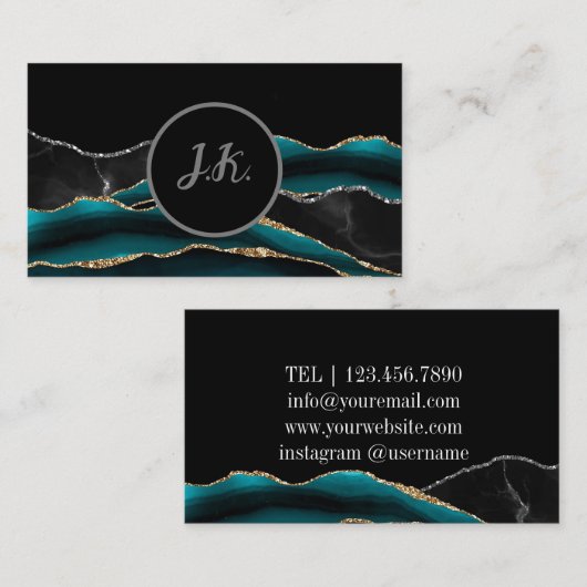 Black Green Silver Initials Agate Glam Marble Visitenkarte (Vorne/Hinten)