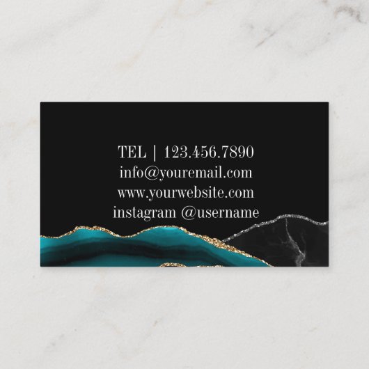 Black Green Silver Initials Agate Glam Marble Visitenkarte (Rückseite)