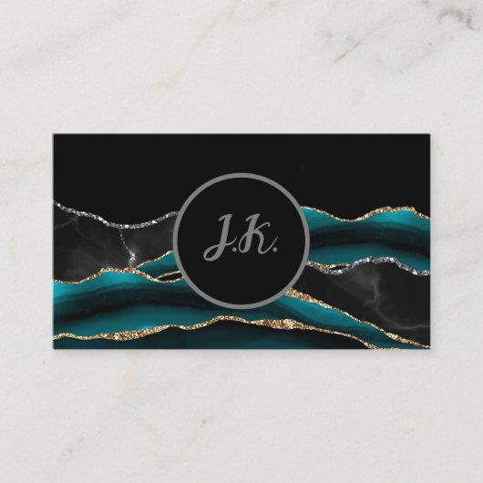 Black Green Silver Initials Agate Glam Marble Visitenkarte (Vorderseite)