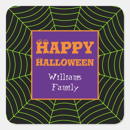Black Green Spiderweb Halloween Muster Personaliz Quadratischer Aufkleber (Vorderseite)