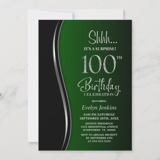 Black Green Surprise 100. Geburtstag Einladung (Vorderseite)