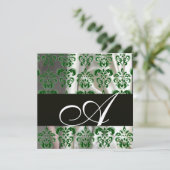 BLACK GREEN WHITE SILK DAMASK CLOTH MONOGRAMM Gold Einladung (Stehend Vorderseite)