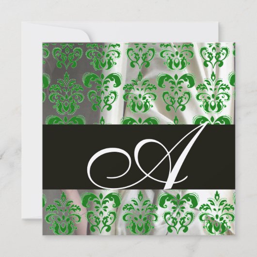 BLACK GREEN WHITE SILK DAMASK MONOGRAM Champagner Einladung (Vorderseite)