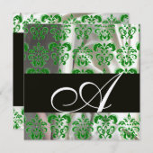 BLACK GREEN WHITE SILK DAMASK MONOGRAM Champagner Einladung (Vorne/Hinten)