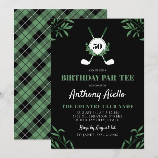 Black Greenery Golf Themed Birthday Par-Tee Einladung (Vorne/Hinten)