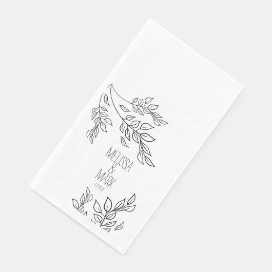 Black Greenery Hand Drawn Name Wedding Serviette (Ecke)