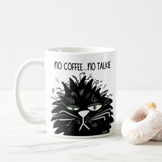 Black Grumpy Cat No Coffee No Talkie Funny Kaffeetasse (Mit Donut)