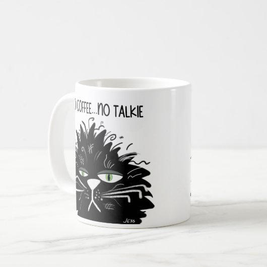 Black Grumpy Cat No Coffee No Talkie Funny Kaffeetasse (Vorderseite Links)