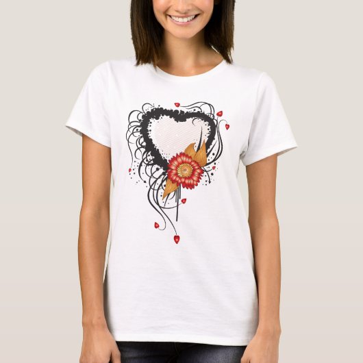 Black Grunge Style Herz und Blume T-Shirt (Vorderseite)