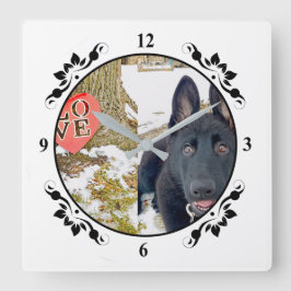 Black GSD Puppy & Love Heart Square Wall Clock Quadratische Wanduhr