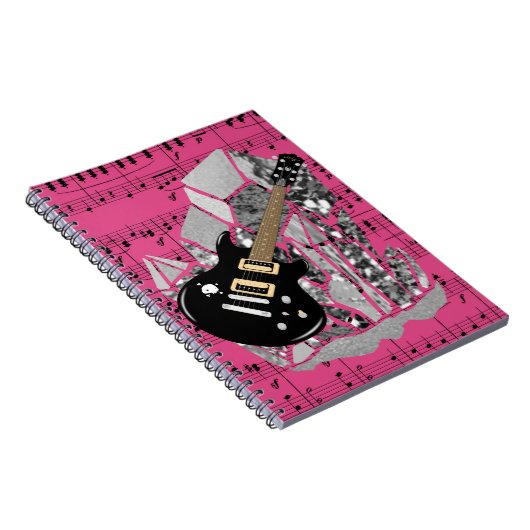 Black Guitar Pink Sheet Music Silver Crystal Notizblock (Rechte Seite)