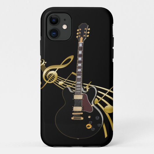 Black Guitar über Golden Music Score iPhone Case (Rückseite)