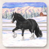 Black Gypsy Vanner Irish Cob Draft Horse in Snow Getränkeuntersetzer (Vorderseite)