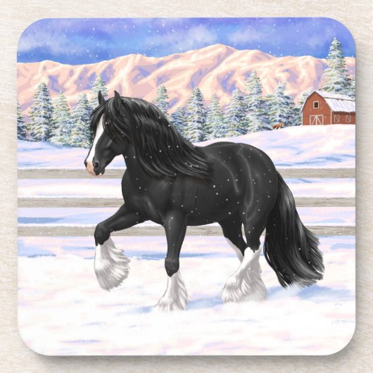 Black Gypsy Vanner Irish Cob Draft Horse in Snow Getränkeuntersetzer (Vorderseite)