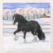 Black Gypsy Vanner Irish Cob Draft Horse in Snow Glasuntersetzer (Vorderseite)