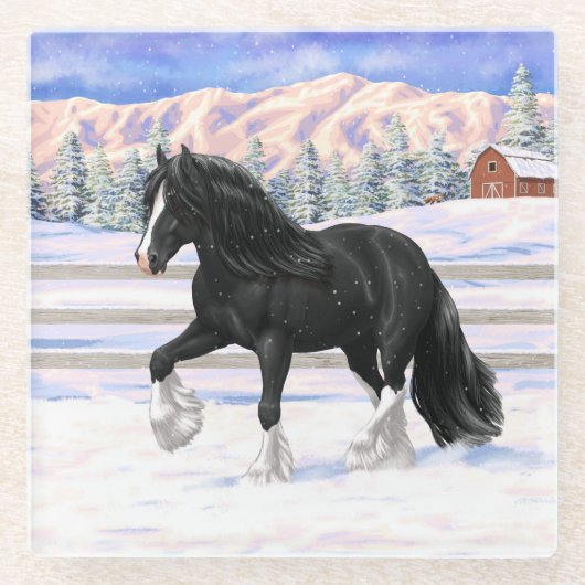 Black Gypsy Vanner Irish Cob Draft Horse in Snow Glasuntersetzer (Vorderseite)