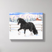 Black Gypsy Vanner Irish Cob Draft Horse in Snow Leinwanddruck (Vorderseite)