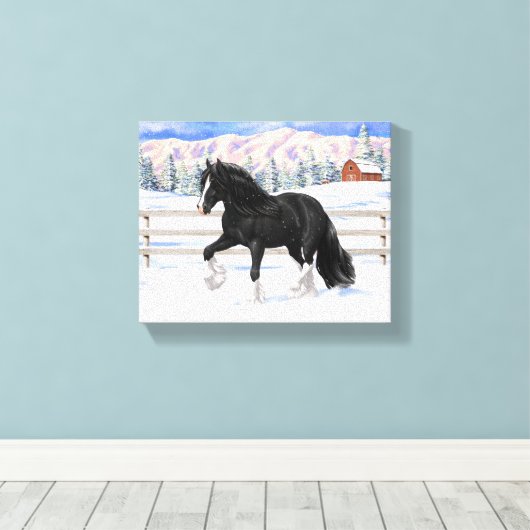 Black Gypsy Vanner Irish Cob Draft Horse in Snow Leinwanddruck (Insitu (Holzboden))