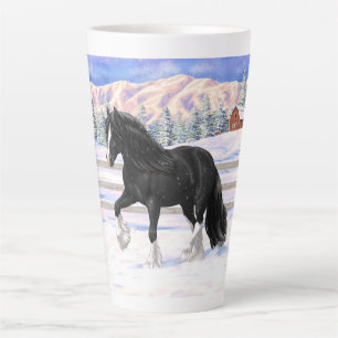 Black Gypsy Vanner Irish Cob Draft Horse in Snow Milchtasse