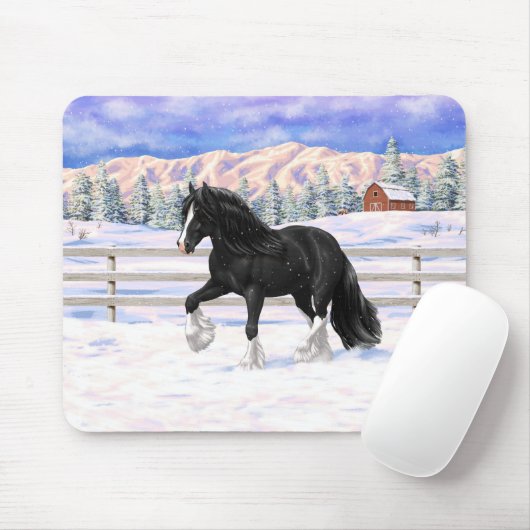 Black Gypsy Vanner Irish Cob Draft Horse in Snow Mousepad (Mit Mouse)