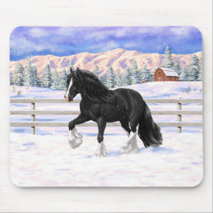 Black Gypsy Vanner Irish Cob Draft Horse in Snow Mousepad