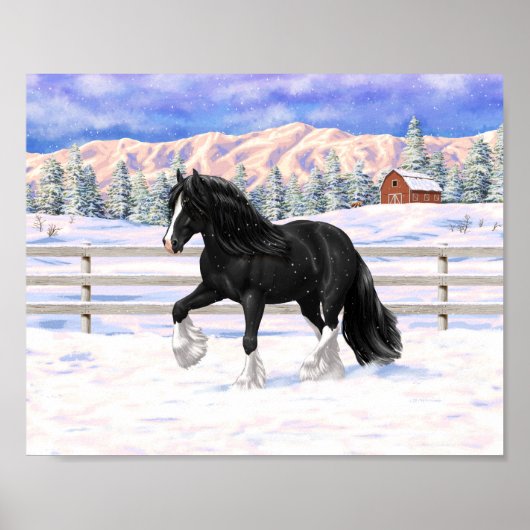 Black Gypsy Vanner Irish Cob Draft Horse in Snow Poster (Vorne)