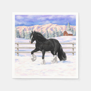 Black Gypsy Vanner Irish Cob Draft Horse in Snow Serviette