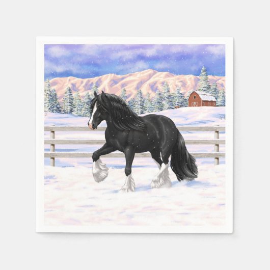 Black Gypsy Vanner Irish Cob Draft Horse in Snow Serviette (Vorderseite)