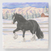 Black Gypsy Vanner Irish Cob Draft Horse in Snow Steinuntersetzer (Vorderseite)