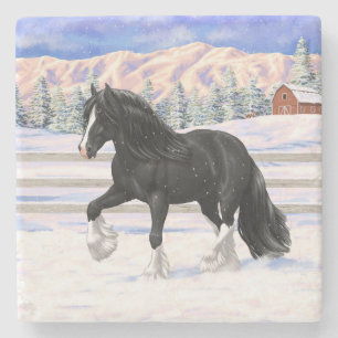 Black Gypsy Vanner Irish Cob Draft Horse in Snow Steinuntersetzer