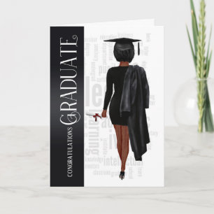 Black Hair Black Cap and Gown Female Graduate Card Karte