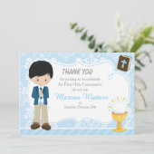 Black Hair Boy Erste Kommune Damask Dankeskarte (Stehend Vorderseite)