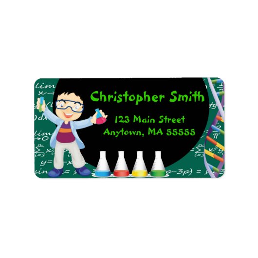 Black Hair Boy Mad Scientist Party Address Labels Adressaufkleber (Vorne)