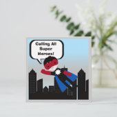 Black Hair Boy Super Hero Geburtstag Einladung (Stehend Vorderseite)