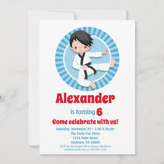 Black Hair Karate Judo Boys Einladung zum Geburtst (Vorderseite)