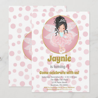 Black Hair Pink Fairy Girls Geburtstagseinladung Einladung