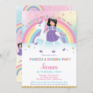 Black Hair Princess Unicorn Rainbow Birthday Party Einladung