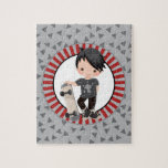 Black Haired Skateboard Boy Puzzle<br><div class="desc">This design feature hat einen schwarzen Haired Boy with his skateboard. Wir sind cool gray and red background.</div>