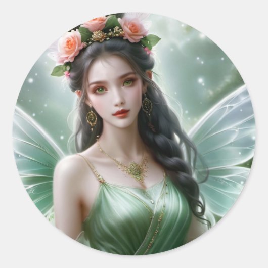 Black Haired Spring Fairy Magical Fantasy Runder Aufkleber (Vorderseite)