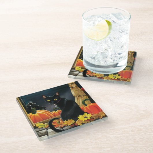 Black Halloween Cat Glasuntersetzer (Schrägansicht)