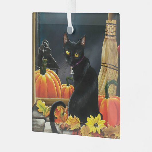 Black Halloween Cat Ornament Aus Glas (Vorderseite links)