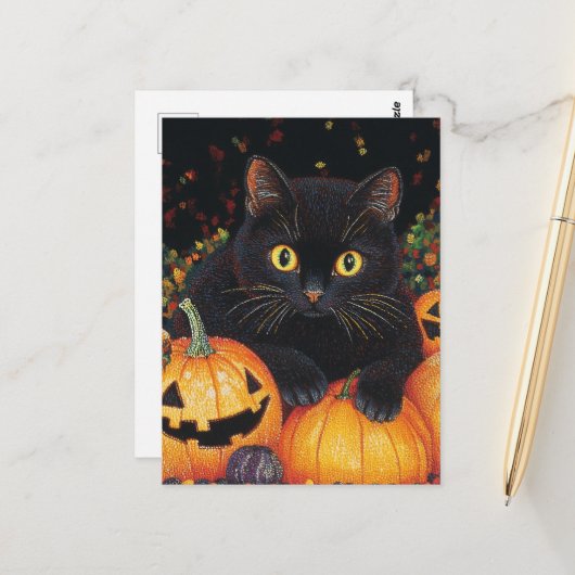 Black Halloween Cat Postkarte (Vorderseite/Rückseite Beispiel)