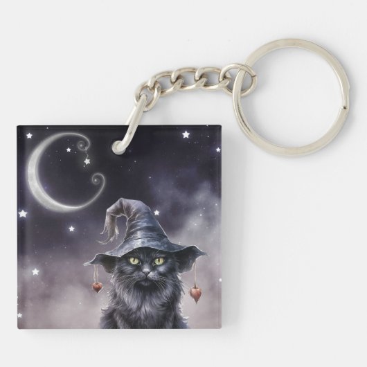 Black Halloween Cat Tragen eines Hexenhut-Schlüsse Schlüsselanhänger (Rückseite)