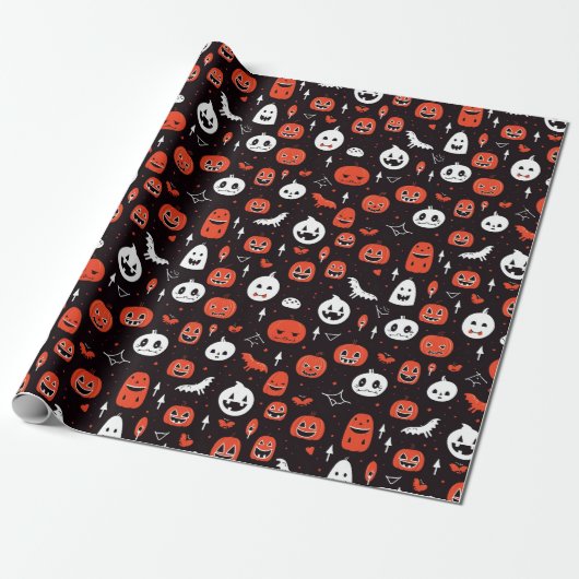 Black Halloween Pattern with pumpkins and ghosts Geschenkpapier (Ungerollt)