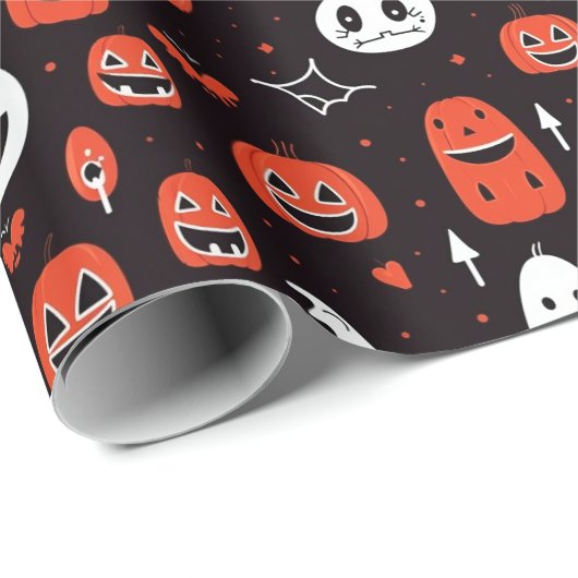 Black Halloween Pattern with pumpkins and ghosts Geschenkpapier (Rolleneckpunkt)