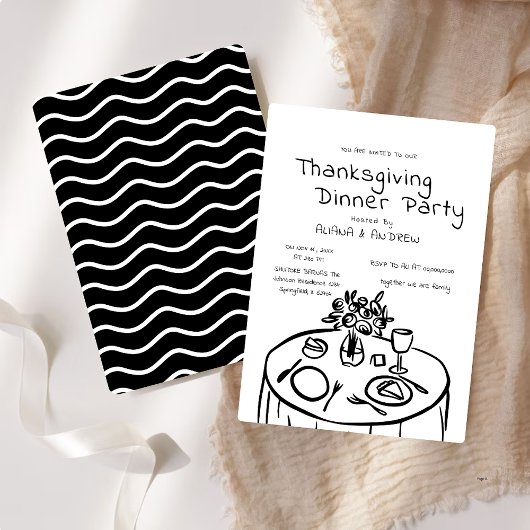 Black Hand Drawing Whimsy Erntedank Dinner Einladung