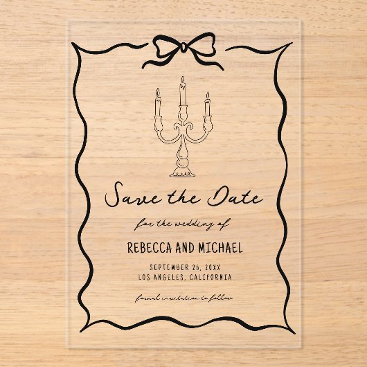 Black Hand Drawn Bow Wedding Save the Date Acryleinladungen (Vorderseite)